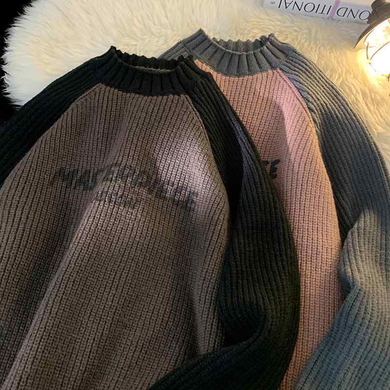 ニット メンズ アメカジ ロゴプリント ラグランスリーブ 切り替え 配色 粗編み ざっくり ゆったり ルーズフィット クルーネック 丸首 ポリエステル カジュア...