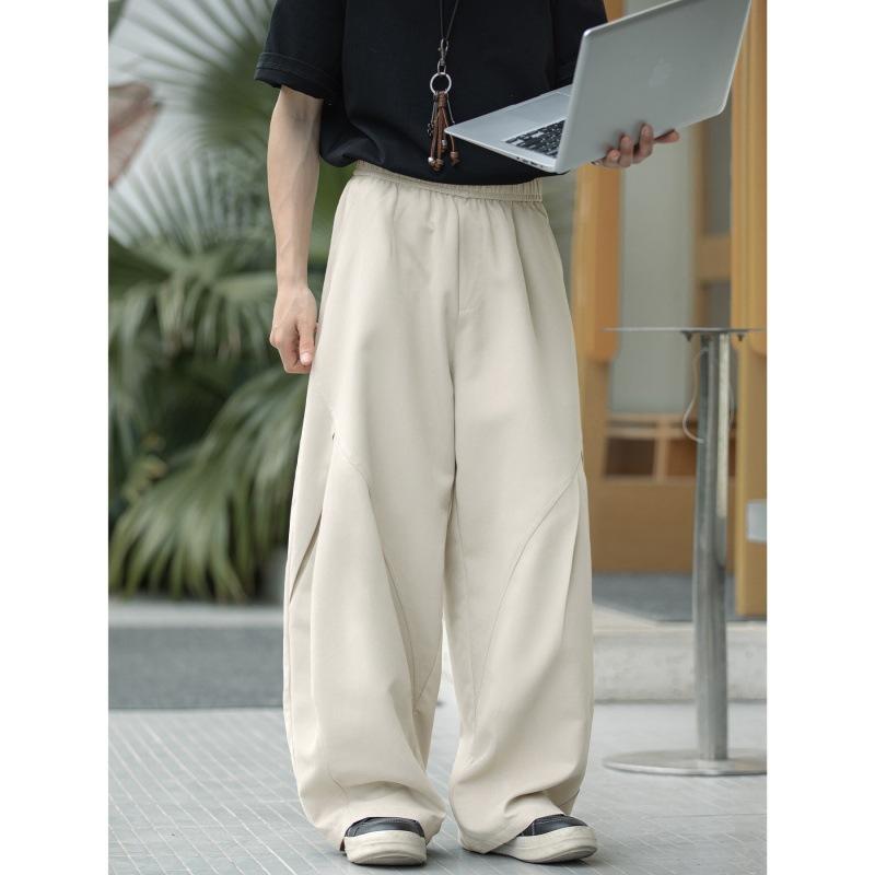 カジュアルパンツ メンズ 春夏 立体プリーツ 切り替え ゆったり ワイドシルエット カーブパンツ スポーツ ロング丈 ポリエステル素材 ストレッチ 普段使い リ...
