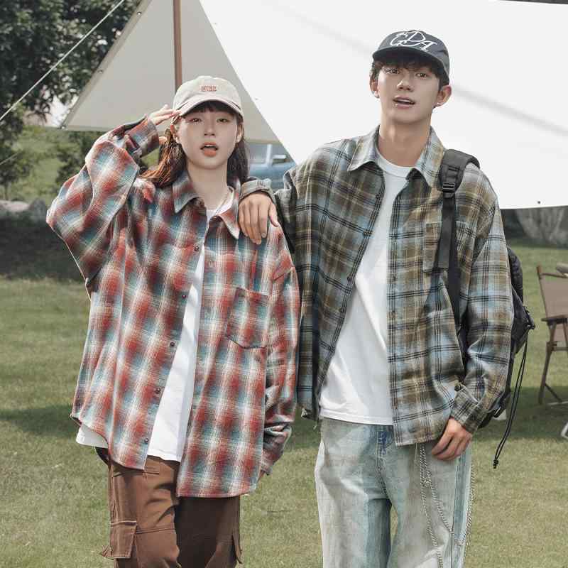 シャツ ユニセックス 男女兼用 アメリカンレトロ ヴィンテージ風 配色切り替え チェック柄 長袖 襟付き ビッグシルエット パッチポケット カジュアル 春夏 羽...