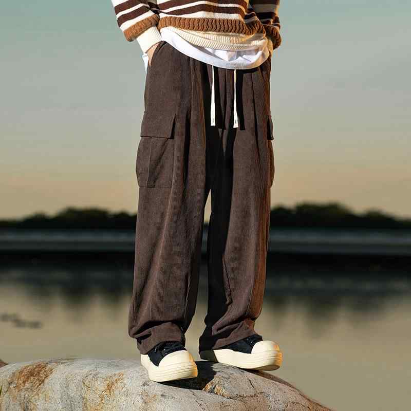 パンツ メンズ コーデュロイ レトロ ワーク カジュアル 春夏 タック ビッグポケット ゆったり ルーズ ストレート 長ズボン ブラック カーキ ポリエステル 普段使い