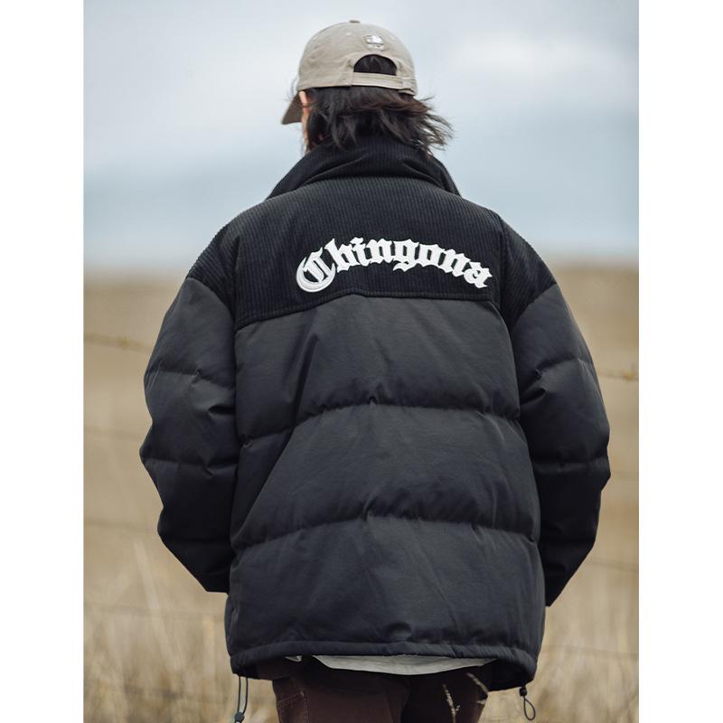 中綿ジャケット 男女兼用 コーデュロイ スタンドカラー 切り替え 厚手 ルーズシルエット ジップアップ ロゴ刺繍 カジュアル 普段使い 秋冬 アウター ブラック カーキ ブラウン ピンク