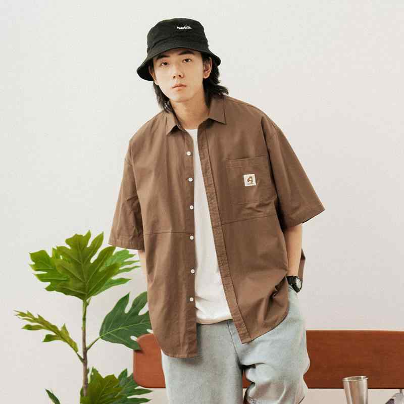 シャツ メンズ 春夏 アメカジ 切り替え パッチワーク 半袖 ワーク 襟付き ゆったり オーバーサイズ 両サイドポケット 綿 コットン カジュアル 普段使い ト...