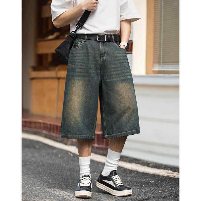 デニムパンツ メンズ アメカジ ヴィンテージ風 ゆったり ワイド ストレート 七分丈 ハーフパンツ 綿 ウォッシュ ユーズド ウエストゴム カジュアル 春夏