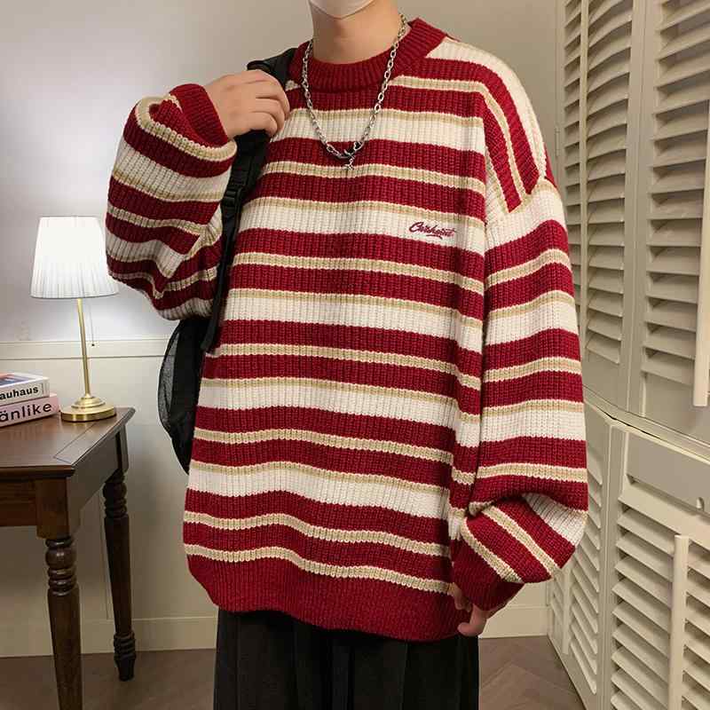 ニット メンズ クルーネック プルオーバー ゆったり レトロ 配切り替え ストライプ ボーダー 刺繍 ざっ..