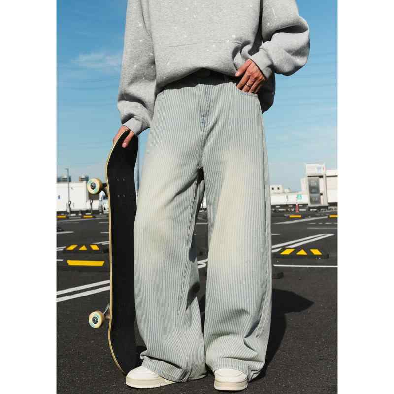 デニムパンツ メンズ ストライプ柄 レトロ ウォッシュ加工 ゆったり ルーズフィット ビッグシルエット ..