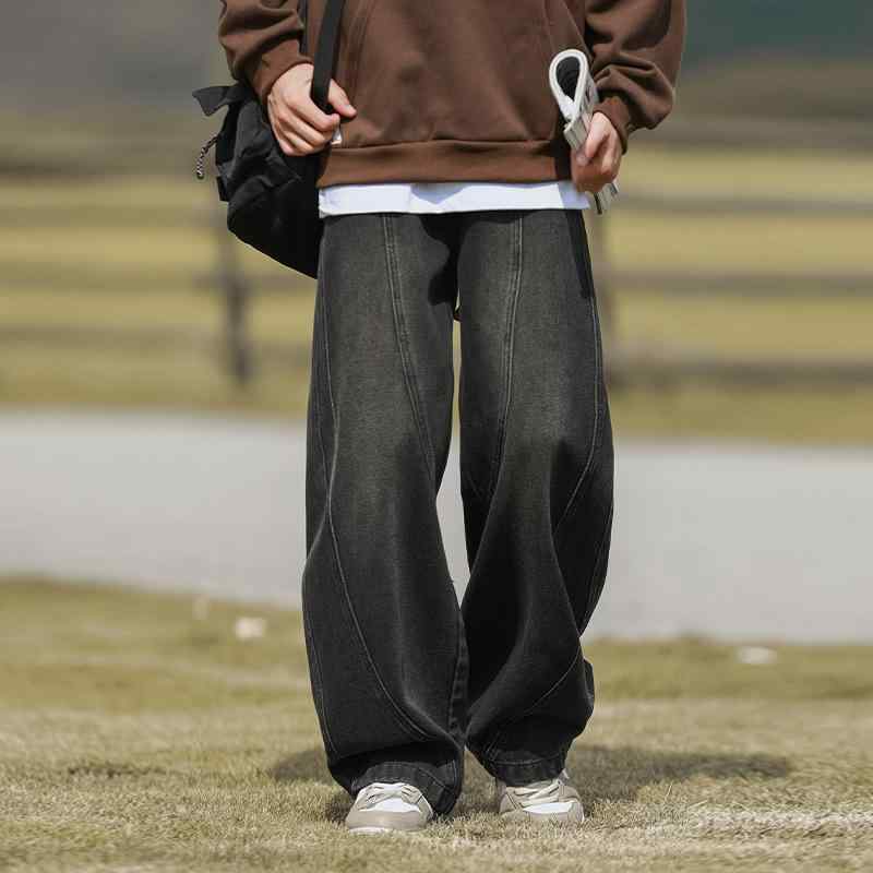 デニムパンツ メンズ 春夏 ダメージ加工 ウォッシュ グラデーション カーブパンツ ワイド ルーズシルエット ストレートレッグ ミドルウエスト 綿混 ストレッチ...