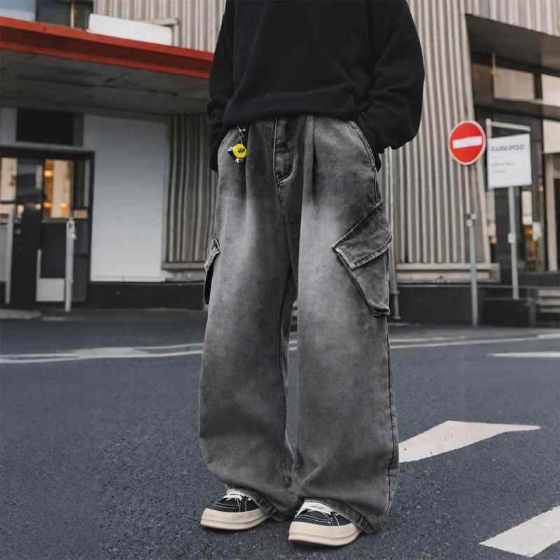 デニムパンツ メンズ ウォッシュ加工 ヴィンテージ風風 サイド立体ポケット カーゴ アメカジ ストレート ゆったり リラックスフィット コットン チャコールグレー アイスブルー 秋物