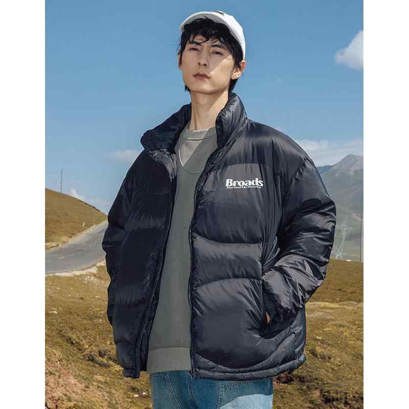 ダウンジャケット メンズ ショート丈 厚手 防風 防寒 保温 トレンド プリント パファージャケット ゆったり ルーズシルエット スタンドカラー ナイロン ダウン 中綿 アウター ブラック ライトブルー 冬 カジュアル 普段使い