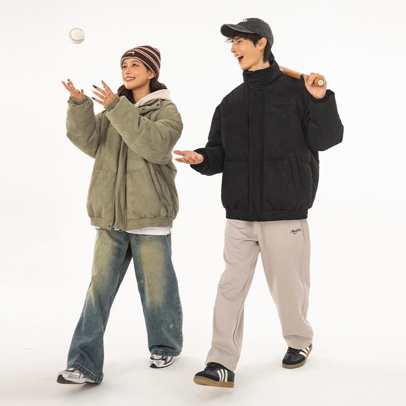 中綿ジャケット ユニセックス スエード調 ポリエステル 厚手 防寒 保温 スタンドカラー ジップアップ ..