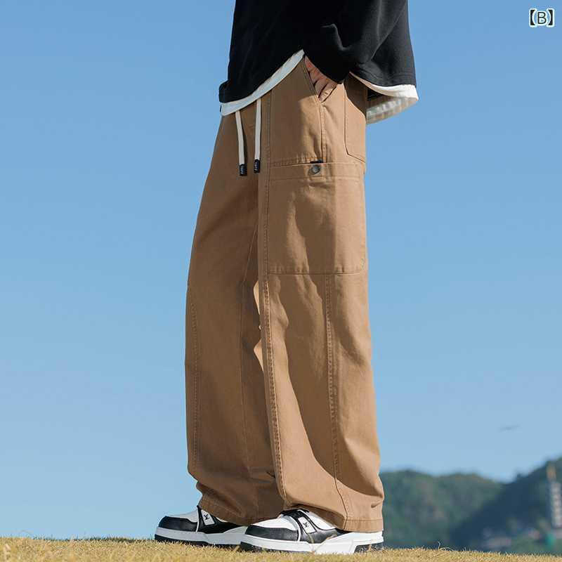 ワークパンツ メンズ 男性用 アメカジ ハイストリート ゆったり ルーズ ストレート ワイド ロング丈 ミッドライズ ドレープ感 細見え 高級感 微ストレッチ 伸縮性 ポリエステル混紡 カジュアルパンツ 普段使い 春秋冬 グレー カーキ 軍緑 ブラック