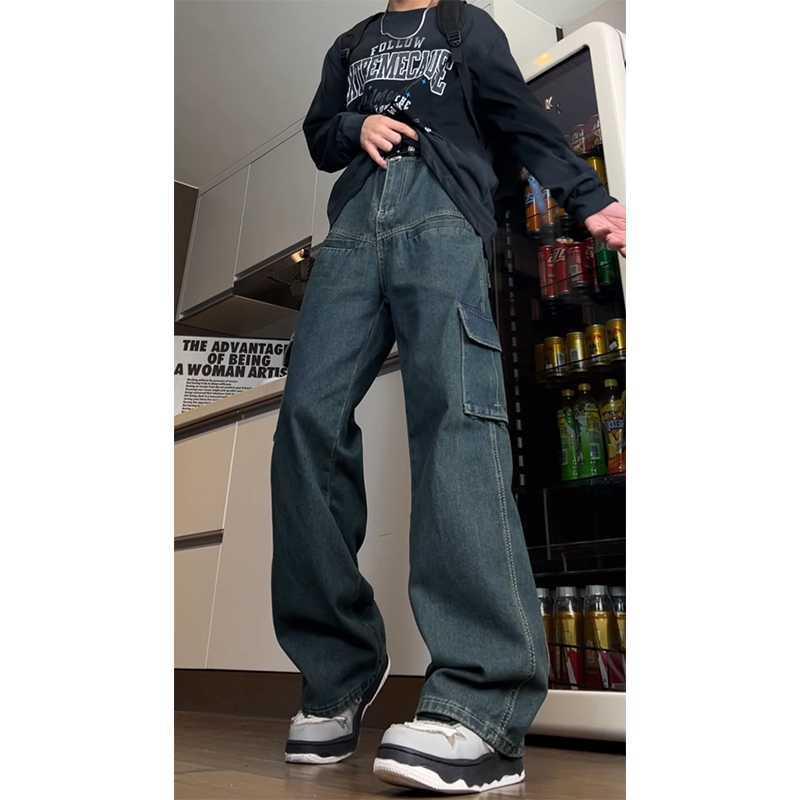 デニム メンズ ストレート ワイドパンツ レトロ 多ポケット カーゴ ミッドウエスト フルレングス ストレッチ ポリエステル混 カジュアル 大きいサイズ 春夏 ブルー