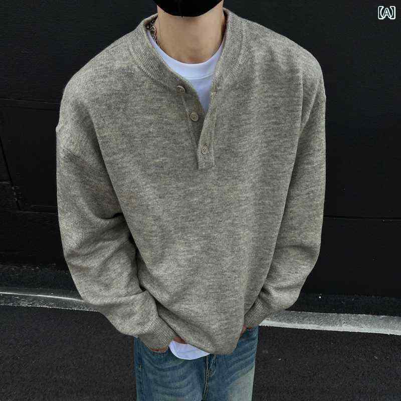 ニット メンズ アメリカンレトロ グレー プルオーバー セーター 高級感 きれいめカジュアル ポロ襟 ゆったり 長袖 ポリエステル混紡 秋冬