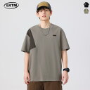 Tシャツ メンズ アメリカンスタイル ストリートカジュアル 配色切り替え ゆったり ビッグシルエット 大きいサイズ 体型カバー 半袖 クルーネック ドロップショルダー 綿混 春夏 ブラック カーキ