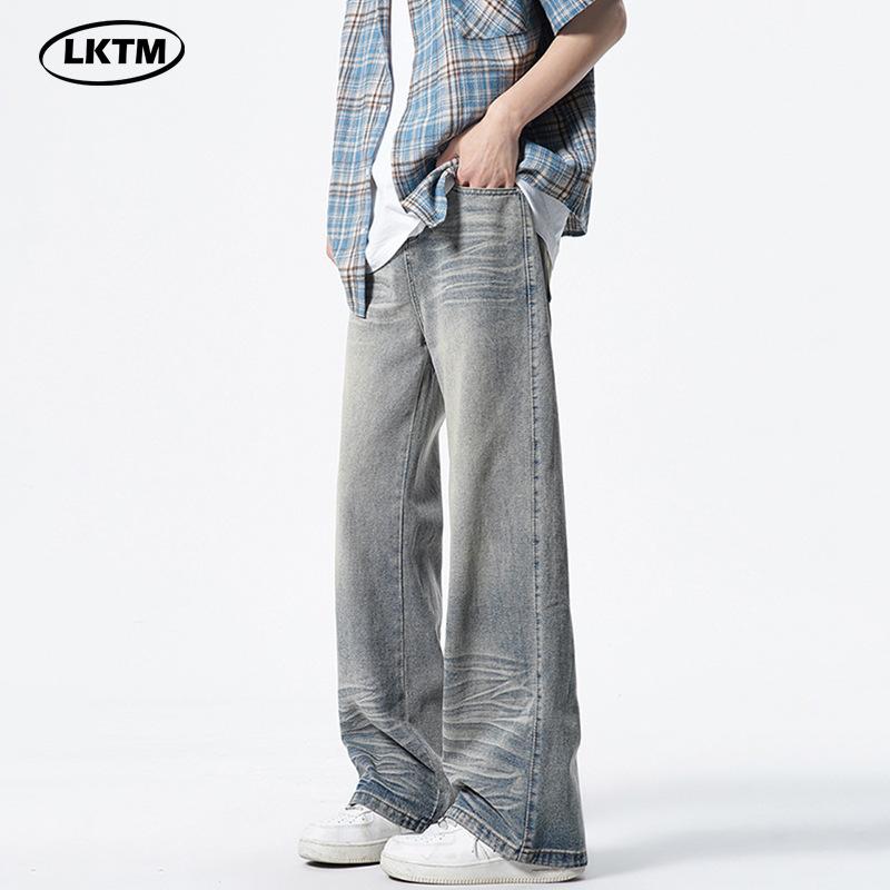 デニムパンツ メンズ アメリカン ウォッシュ加工 レトロ ヴィンテージ風 性 ヒゲ加工 個性的 着回し 万能 ストレート コットン ノンストレッチ ポケット レトロブルー カジュアル 普段使い デイリーユース