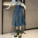 スカート レディース 春夏 デニム マーメイド Aライン 無地 切り替え ミモレ丈 ハイウエスト ゆったり ブルー 着痩せ 体型カバー カジュアル 綿混素材 ポケット付き