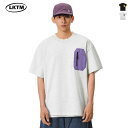 Tシャツ 男女兼用 春夏 コットンブレンド ラウンドネック 配色切り替え ジップパッチポケット ドロップショルダー オーバーサイズ カジュアル 半袖 トップス