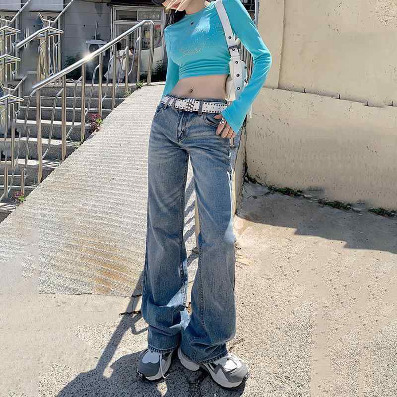 デニムパンツ ジーンズ レディース 女性用 アメカジ レトロ ヴィンテージ風 ウォッシュ加工 淡 ライトカラー ストレート ローライズ スリム フルレングス 綿 コットン 再生繊維 秋冬 普段使い カジュアル