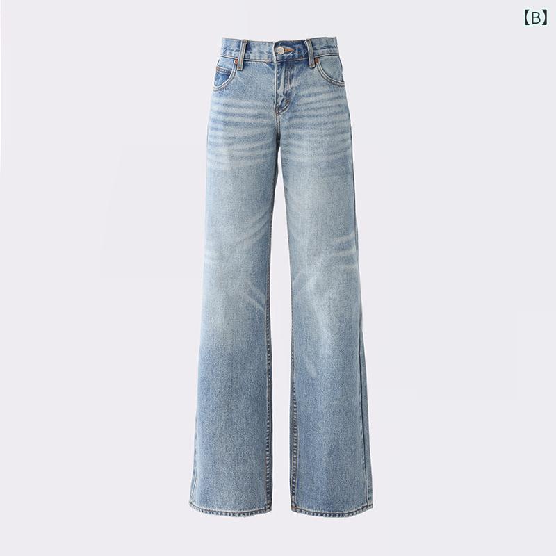デニムパンツ ジーンズ レディース 女性用 アメカジ レトロ ヴィンテージ風 ウォッシュ加工 淡 ライトカラー ストレート ローライズ スリム フルレングス 綿 コットン 再生繊維 秋冬 普段使い カジュアル