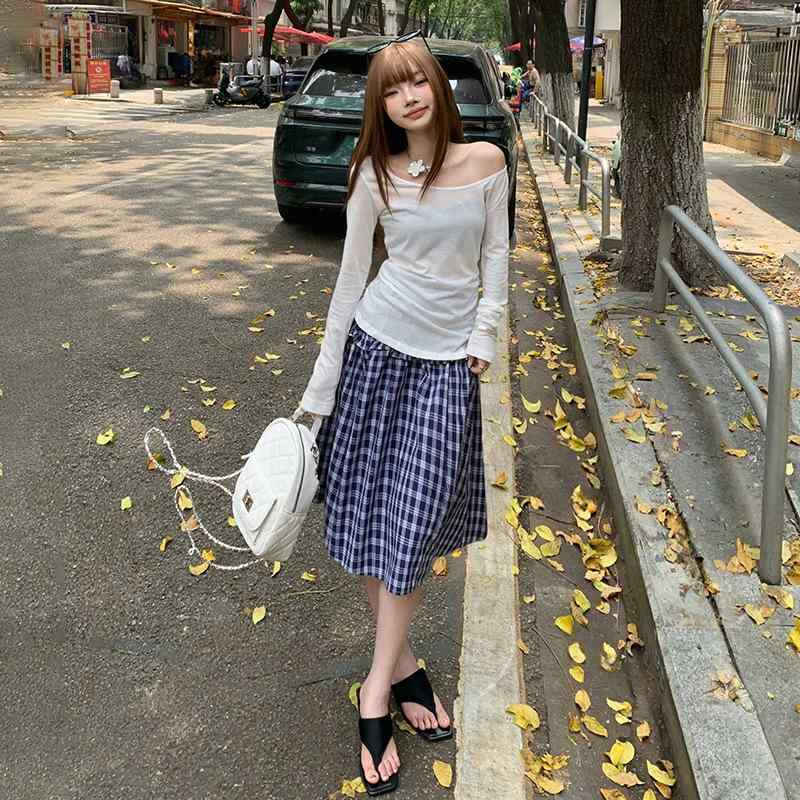 スカート レディース ブルー チェック柄 ビスチェ風 2WAY Aライン フレア ミディ丈 切り替え 綿 コットン 春夏 カジュアル きれいめ お出かけ 普段使い 体型カバー