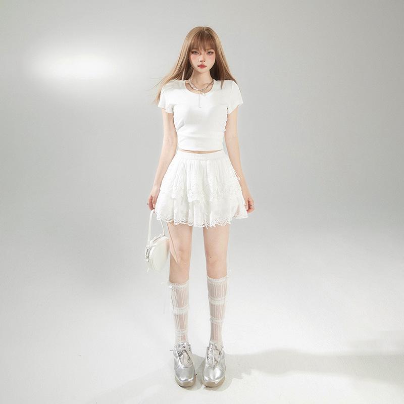 スカート レディース コットン レース リボン ガーリー フェミニン スウィート Aライン ティアード切り替え ふんわり ボリューム ミニ丈 低身長 プリンセス ホワイト 春夏