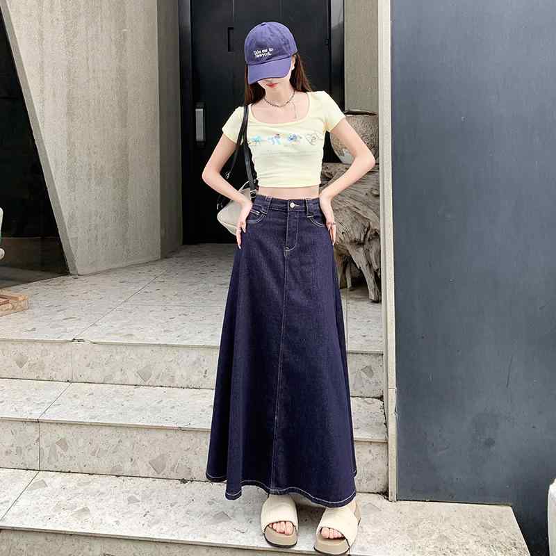 スカート レディース ダークブルー デニム Aラインスカート ハイウエスト ルーズ 着痩せ 体型カバー 万能 着回し 普段使い カジュアル ボトムス 秋冬
