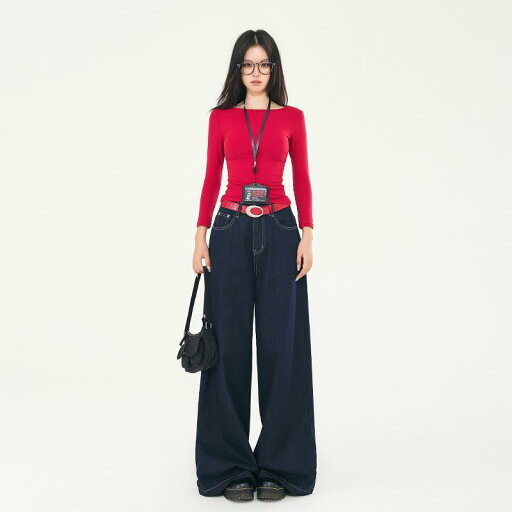 ジーンズ レディース ハイウエスト ワイド ストレート デニムパンツ ゆったり ルーズ 落ち感 フルレングス 厚手 ノンストレッチ 洗い加工 綿 アメリカンレトロ ダークブルー ポケット付き 秋冬 ストリートカジュアル