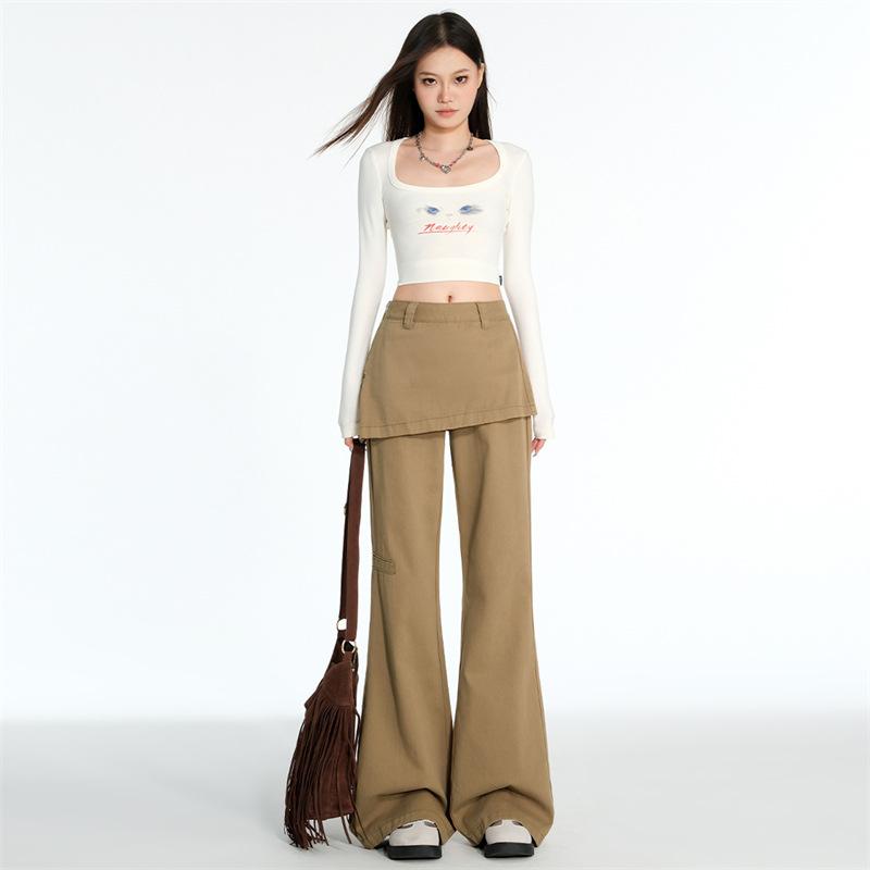 レディース ワイドパンツ カジュアル ストリート アメリカンレトロ アメカジ ハイウエスト フルレングス ゆったり フェイクレイヤード 切り替え 春夏 コットン ポケット 快適(4)