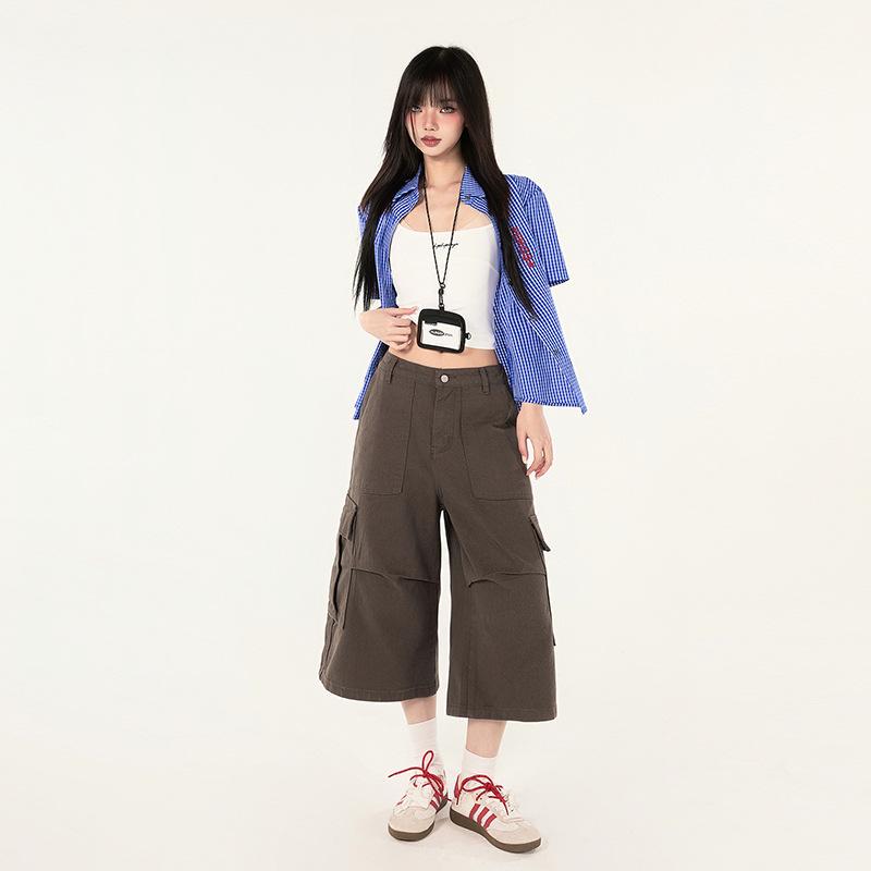 Other - カジュアルパンツ レディース アメカジ ストリート ブラウン 細見え 七分丈 カーゴパンツ タック プリーツ ストレート 綿混 普段使い ポケット 春夏