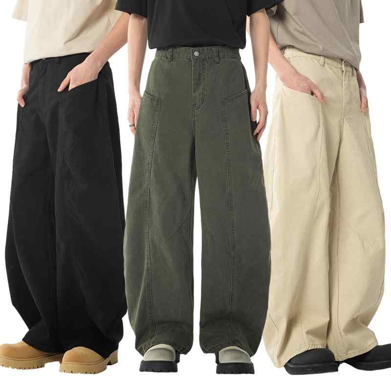 カジュアルパンツ メンズ ユニセックス アメリカンレトロ ウォッシュ加工 純綿 コットン カーブパンツ ゆったり ルーズシルエット リラックス感 ロングパンツ ボトムス ミリタリーグリーン カーキ ブラック(4)