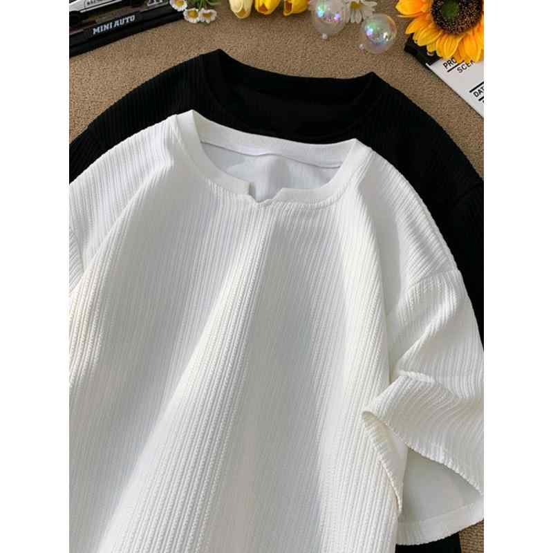 Tシャツ メンズ Vネック 半袖 五分袖 トップス 春夏 接触冷感 ポリエステル ドレープ感 テクスチャー ビッグシルエット ゆったり ルーズフィット 薄手 カジュアル 普段使い 大きいサイズ