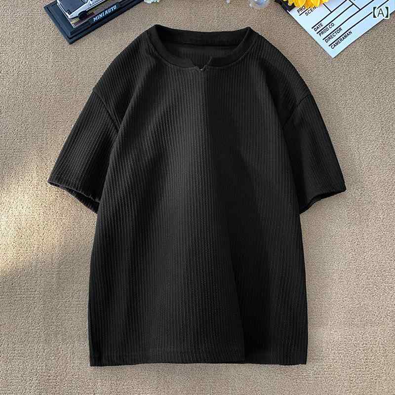 Tシャツ メンズ Vネック 半袖 五分袖 トップス 春夏 接触冷感 ポリエステル ドレープ感 テクスチャー ビッグシルエット ゆったり ルーズフィット 薄手 カジュアル 普段使い 大きいサイズ