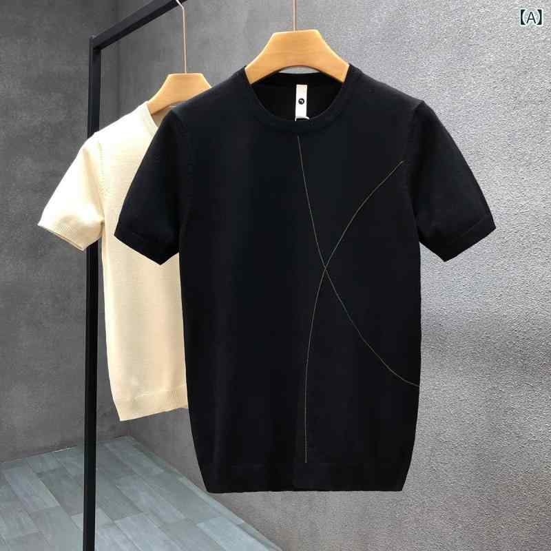 Tシャツ メンズ アプリコットベージュ 半袖 シンプル スリムフィット クルーネック プルオーバー ストライプ柄 ポリエステル 薄手 シワになりにくい 春夏 普段使い カジュアル カットソー 細身 ニットセーター