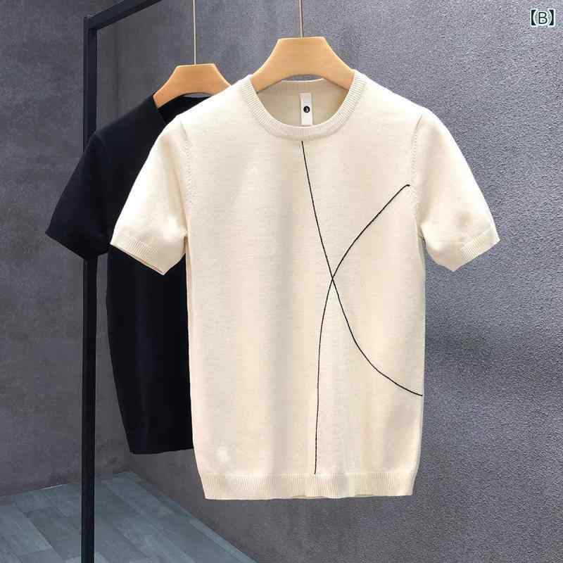 Tシャツ メンズ アプリコットベージュ 半袖 シンプル スリムフィット クルーネック プルオーバー ストライプ柄 ポリエステル 薄手 シワになりにくい 春夏 普段使い カジュアル カットソー 細身 ニットセーター