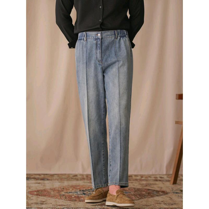 デニムパンツ ジーンズ メンズ アメカジ ブリティッシュ ストレート 着回し ビジネス ウエストゴム ウォッシュ加工 ノンストレッチ コットン 九分丈 アンクル丈 ミドルウエスト ライトブルー ダークブルー