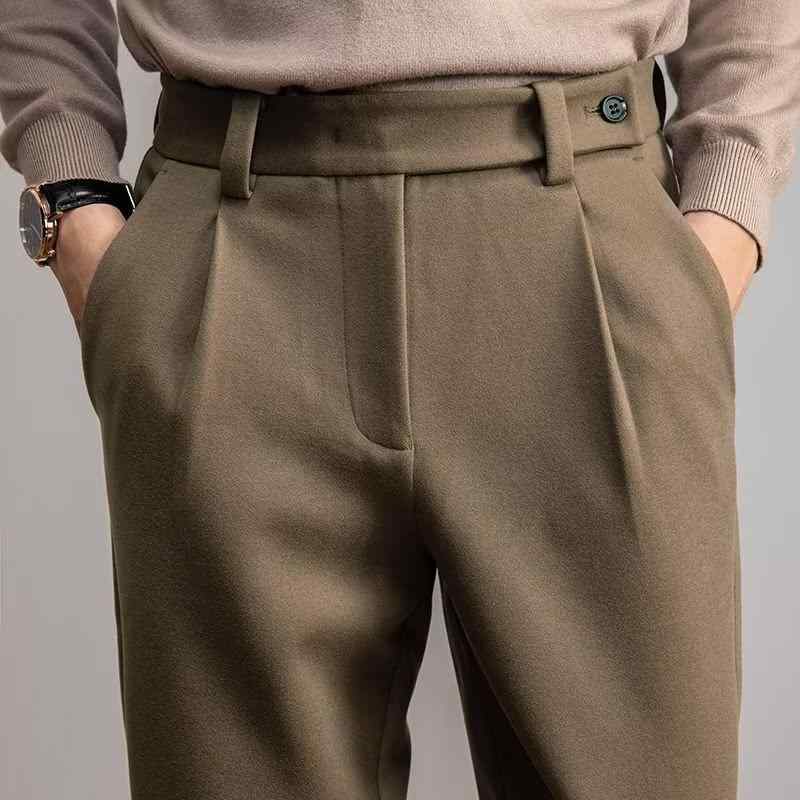 スラックス メンズ 秋冬 ウール調 ポリエステル ストレート 大人カジュアル きれいめ オフィス ビジネス 普段使い 暖かい 保温 ドレープ感 イージーケア ボトムス ブラック カーキ グレー(4)