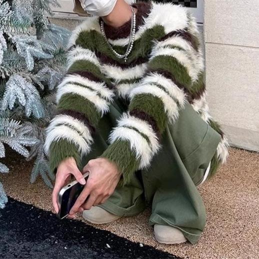 ニット メンズ アメリカンレトロ ストライプ 切り替え フェイクミンクファー ゆったり 高級感 クルーネック プルオーバー 厚手 長袖 秋冬 カジュアル セーター