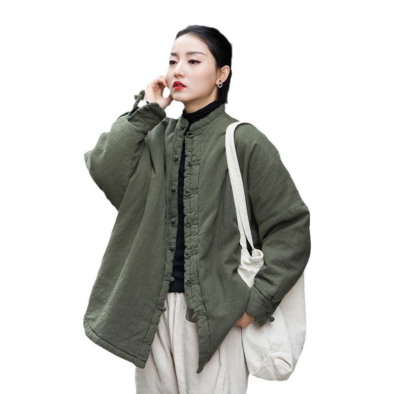 中綿コート レディース 綿麻 ラミーコットン 厚手 中綿入り ミドル丈 スタンドカラー ゆったり ルーズシルエット ストーンウォッシュ加工 ヴィンテージ風加工 禅スタイル レトロ アンティーク風 飾りボタン チャイナボタン 秋冬