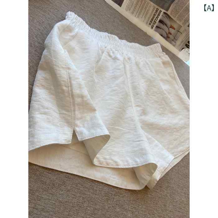 ショートパンツ レディース 白 ホワイト ハイウエスト ワイドレッグ ワイドシルエット ウエストゴム 薄手 軽量 ポリエステル素材 ゆったり リラックスフィット カジュアル 普段使い 着回し 夏 フェミニン ガーリー ミニ丈 短パン