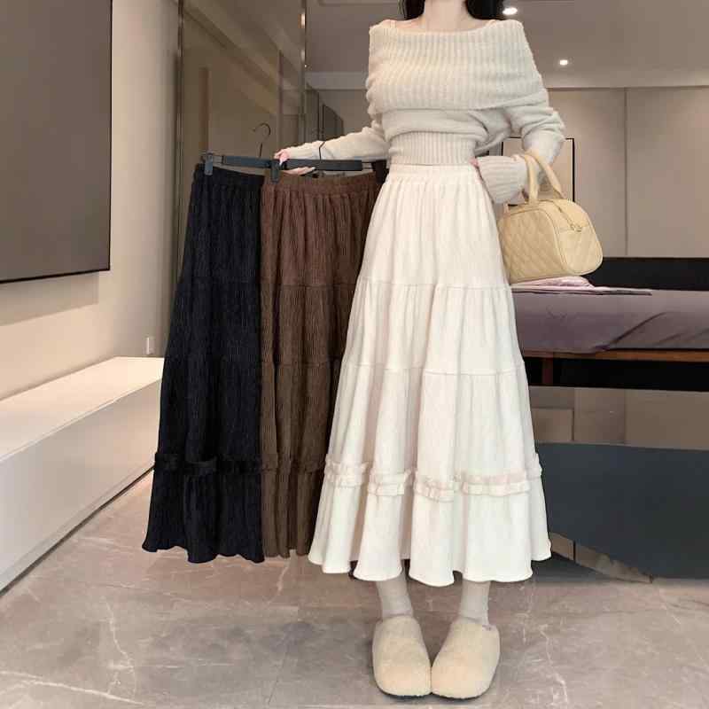 スカート レディース コーデュロイ レース ハイウエスト Aライン ミディ丈 フレア 細見え ドレープ感 落ち感 春秋冬 韓国 カジュアル 普段使い