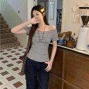 Tシャツ カットソー レディース モダールレーヨン混 ワンショルダー レタープリント 半袖 ショート丈 スリムフィット 大人きれいめ セクシー 伸縮性 春夏 ホワイト グレー ブラック