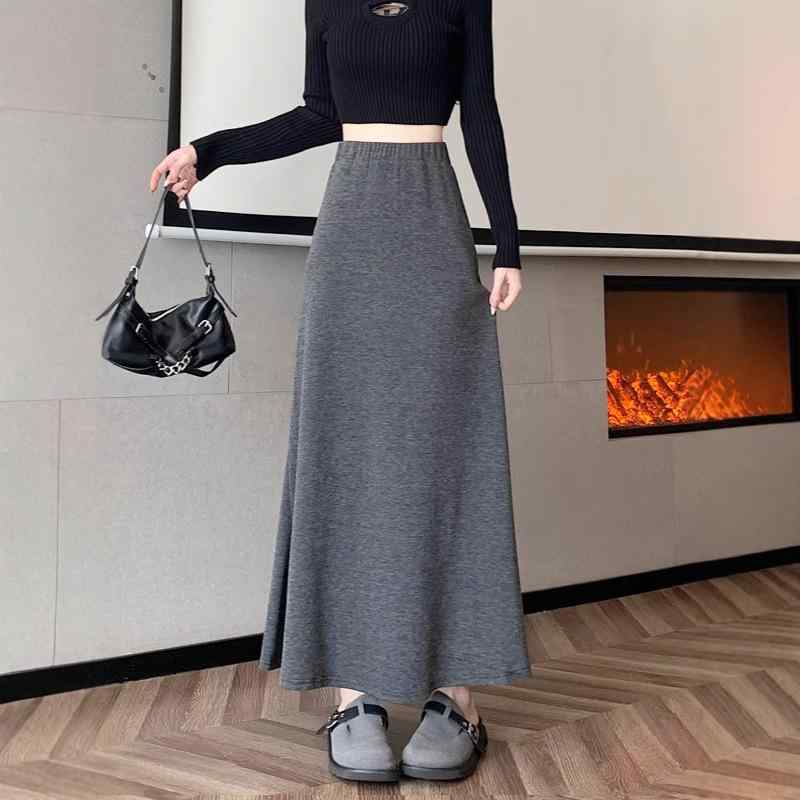 スカート レディース 春夏秋冬 大人可愛い もっちり ハイウエスト 細見え 上品 落ち感 ミモレ丈 Aライン ポリエステル ストレッチ 通勤 オフィス カジュアル グレー ブラック(4)