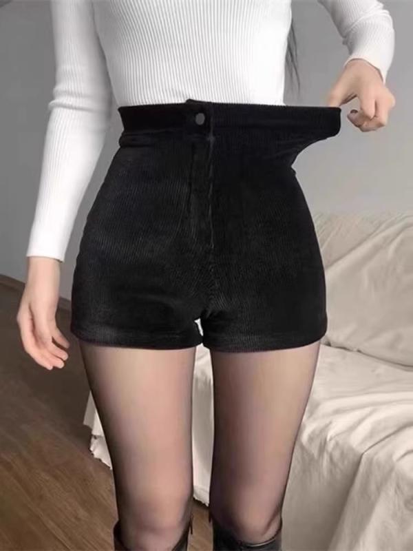 Corduroy - ショートパンツ レディース コーデュロイ 秋冬 ハイウエスト 細見え ストレート タイトシルエット 小柄向け 韓国ファッション 伸縮性 ストレッチ 通勤 オフィス きれいめ デイリー 無地 中厚手 ポリエステル