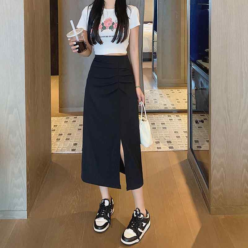 スカート レディース ハイウエスト ミディ丈 Aライン プリーツ スリット 細見え 美尻シルエット 秋 上品 エレガント イージーケア ポリエステル ブラック ベージュ