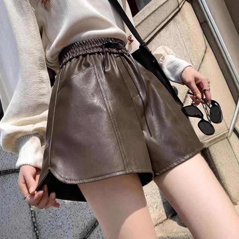 Nylon, Rayon, Polyester - ショートパンツ レディース 合皮 ワイド Aライン ハイウエスト ゆったり カジュアル 秋冬 通勤 普段使い 伸縮性 ポケット付き 厚手 着回し