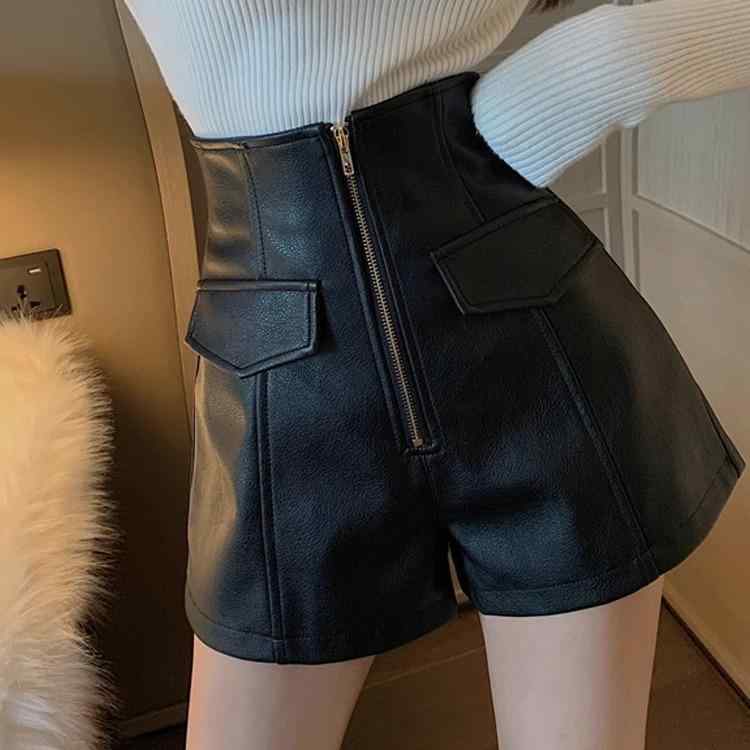 Nylon, Rayon, Polyester - ショートパンツ レディース 秋冬 PUレザー ハイウエスト ジップ ファスナー ゆったり 細見え スタイルアップ 中厚 ブラック 黒 カジュアル 普段使い 通勤 お出かけ