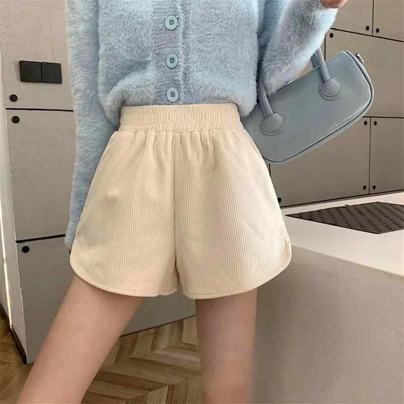 Corduroy - ショートパンツ レディース コーデュロイ ワイド ハイウエスト プラスサイズ ゆったり 小柄向け 秋冬 カジュアル 着回し 再生繊維 ストレッチ 黒 アプリコット ベージュ系