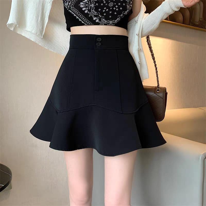 スカート レディース 大きいサイズ フリル ハイウエスト 着痩せ 体型カバー Aライン ミニ丈 ポリエステル ブラック ストレッチ 春夏 デイリーユース カジュアル 通勤