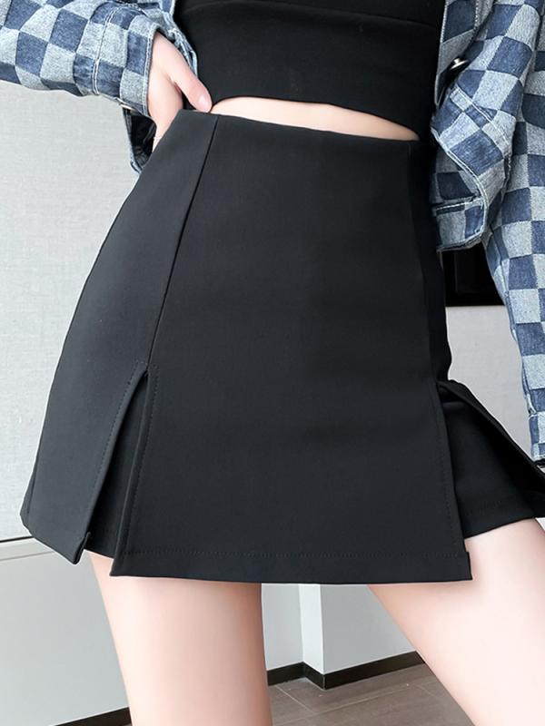 スカート レディース 女性用 春夏 黒 ブラック 無地 テンセル素材 微ストレッチ スリット入り キュロットスカート スカパン ショートパンツ ハイウエスト Aライン ミニ丈 着痩せ 細見え ベーシック 万能 きれいめ フェミニン