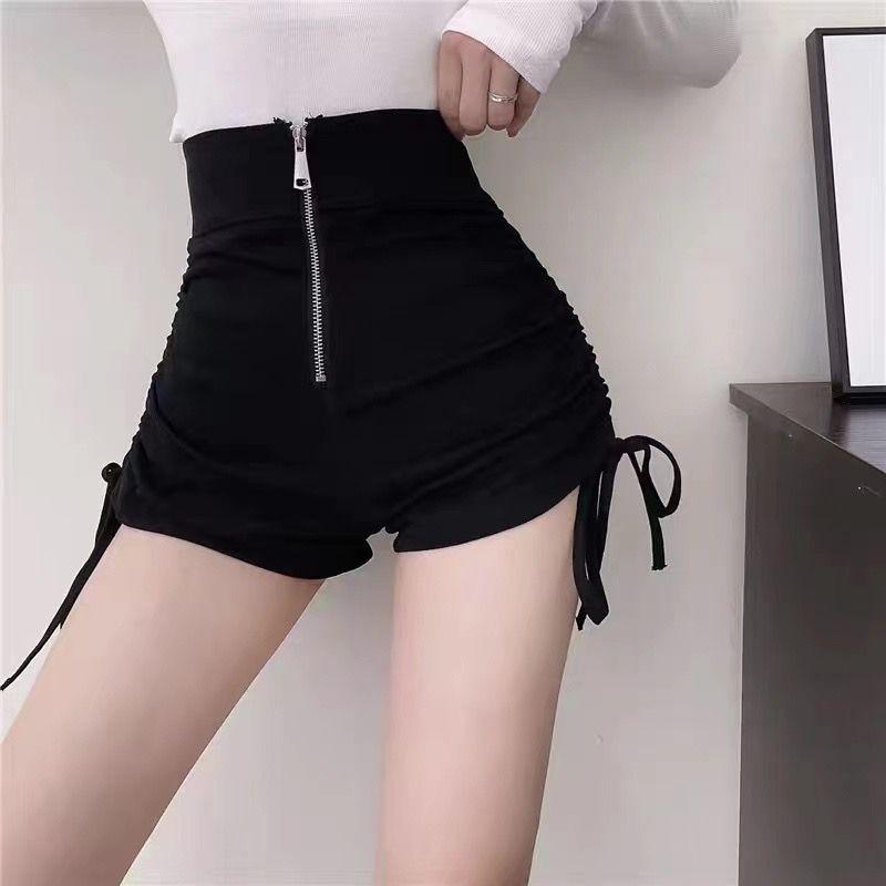 ショートパンツ レディース 大きいサイズ 春夏 ハイウエスト 着痩せ効果 ドローストリング ブラック 韓国ファッション 体型カバー ストレートシルエット 伸縮性 ポリエステル ストリート