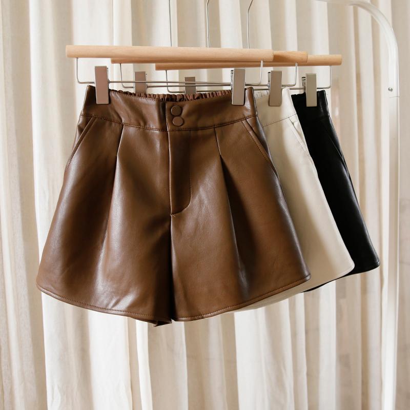 ショートパンツ レディース PUレザー 無地 カジュアル ハイウエスト スタイルアップ ワイドシルエット ..